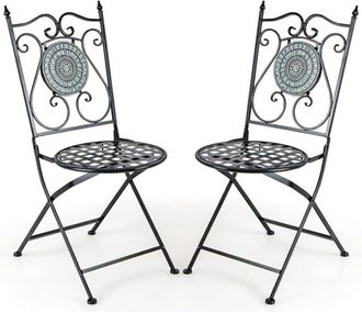Costway 2 Sillas Jard&iacute;n Plegables Con Mosaico, Sillas Terraza Exterior Con Respaldo Decorativo, Marco De Metal Resistente, Carga 150 Kg, 55 X 42 X 94 Cm (sill