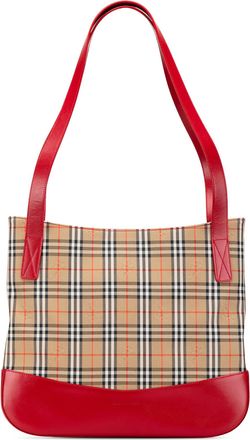 Burberry Pre-owned Womens Plaid Tote Bag Red Leather Accents - Beige Textile - One Size