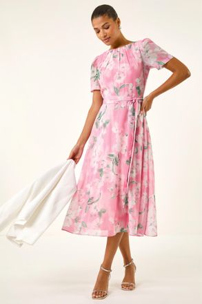 Roman Womens Floral Print Pleat Neck Midi Dress - Pink - Size 12 UK