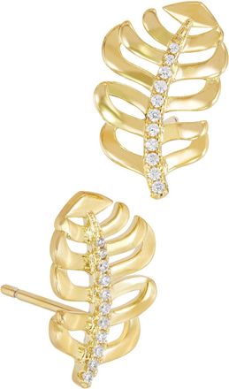 Savvy Cie Jewels GOLD PLATED WHITE CZ LEAF STUD EARRING