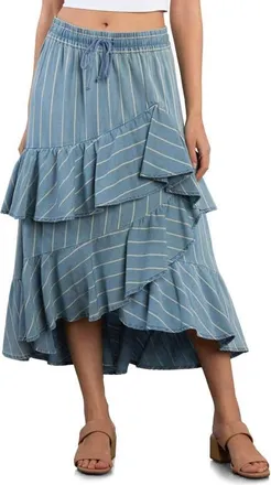 Wash Lab Denim Moonlit Ruffle Midi Skirt in Denim Cabana Stripe at Nordstrom, Size X-Small