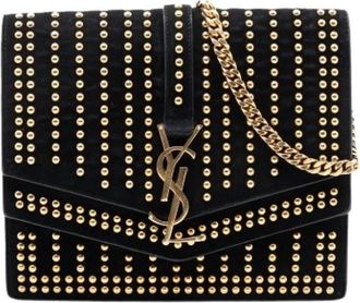 Saint Laurent Pre-owned Shoulder Bags, female, Black, Size: ONE SIZE Pre-owned Studded Suede Crossbody Bag