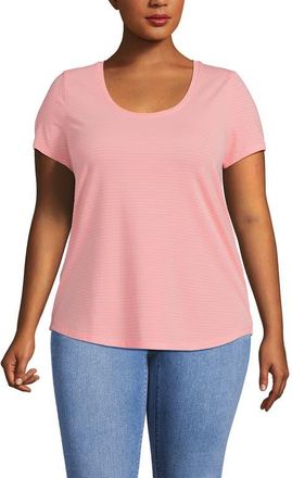 Lands End Plus Size Short Sleeve Lightweight Jersey Scoop Neck T-shirt in Sunset Coral Pink Thin Stripe at Nordstrom, Size 1X