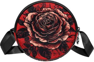Generic Circle Crossbody Bag for Women, Red Black Rose Small Sling Bag Daypack with Zipper Adjustable Shoulder Straps Casual Ladies Girls Round Purse