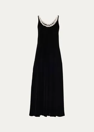 Maria McManus Pearly Beaded Scoop-Neck Velvet Midi Dress