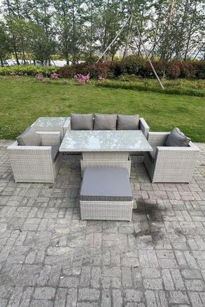 Fimous Rattan Garden Funiture Adjustable Rising Lifting Table Sofa Dining Set 2 Arm Chair Big Footstool in Light Grey