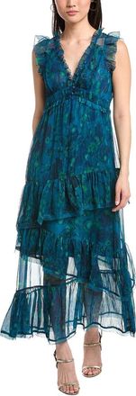 Marchesa Pleated Chiffon V-Neck Maxi Dress