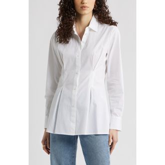 Nordstrom Pleat Waist Cotton Poplin Button-Up Shirt in White at Nordstrom, Size Xx-Large