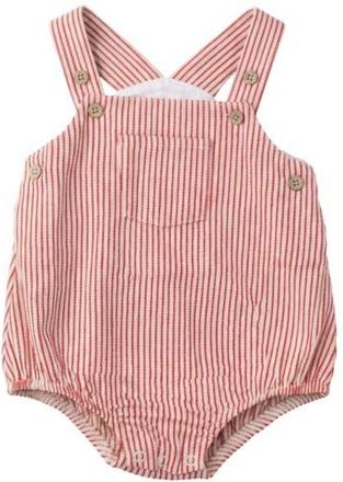 FYI Striped Denim Adjustable Straps Front Pocket Romper in Red/white at Nordstrom, Size 9M