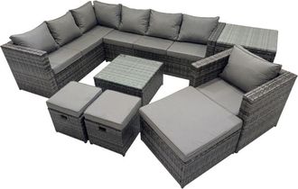 Fimous Fimous Rattan Garden Furniture Patio Furniture Sets with Corner Sofa Chair Square Coffee Table Side Table 3 Footstools Dark Grey Mixed