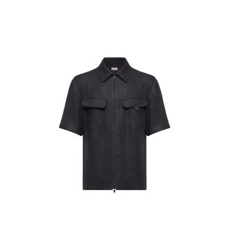 Moncler Moncler Linen Twill Short Sleeve Zip-up Shirt, Men, Blue, Size: Xxl