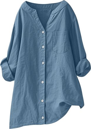 Generic Long Sleeve Shirts for Women Casual Button Up V-Neck Blouses with Front Pocket Lightweight Summer Fall Tunic Tops Ladies Longline Blouse Plus Size Pla