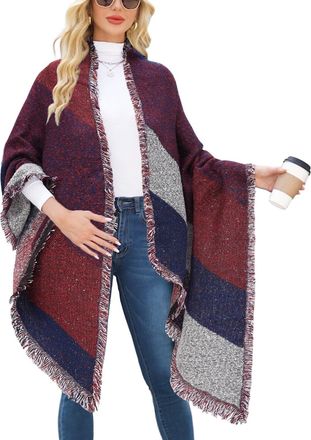 Heekpek Heekpek Women Large Oversized Scarf Pashmina Wrap Poncho Thick Style Scarf Patchwork Cape Shawl (Red)(Size: One Size)