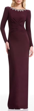 Dress The Population Anne Embellished Long Sleeve Column Gown in Dark Cherry at Nordstrom, Size Xx-Small
