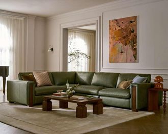 Castlery Tan France Kagan Leather 4-Piece Chaise Sectional Couch, (Lugano) Moss for Living Room, American Top-Grain Leather, Modular Design, Green