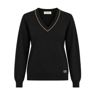 Yes-Zee V-hals Gebreid met Contrasterende Rand - Dames - V-hals truien - Zwart - L - Polyester - Truien & Vesten
