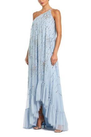 Mac Duggal Bow Embellished Mesh One Shoulder High Low Gown in Powder Blue at Nordstrom, Size 16