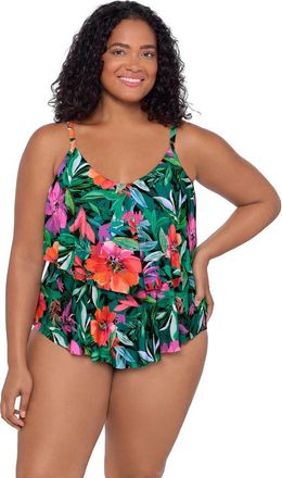 Trimshaper Ronnie 2 Tier Ruffle Plus Size Tankini Swimsuit Top in Lush Paradise at Nordstrom, Size 24W