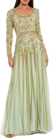 Mac Duggal Beaded Mesh Long Sleeve Scoop Neck A Line Gown in Light Sage at Nordstrom, Size 12