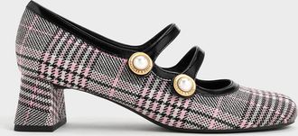 Charles & Keith Plaid Pearl-Buckle Mary Jane Pumps