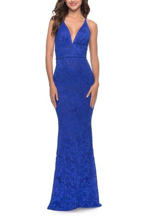 La Femme Fitted Stretch Lace Prom Dress with Banded Waist in Royal Blue at Nordstrom, Size 0