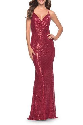 La Femme Sequin Long Dress with V Neckline and Open Low Back in Red at Nordstrom, Size 00