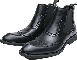 Generic Mens Pointed Toe PU Leather Vintage Brogue Boot Pull on Chelsea Ankle Boots Flat Heel Short Boots,Black,7.5 UK