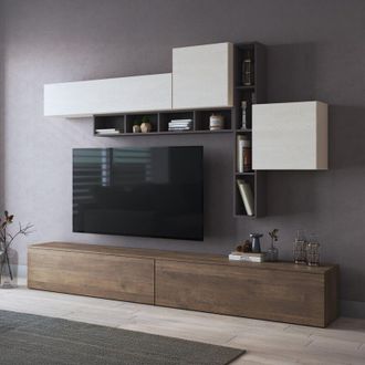 Dmora Pared Modular Ippona, 5 Estantes, Puertas Abatibles Y Abisagradas, 276x40x200h Cm Nogal Marr&oacute;n