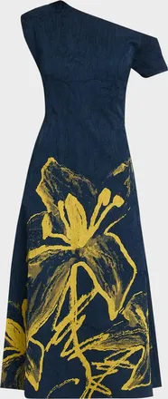 Love Birds Mavi One-Shoulder Crinkled Floral Midi Dress
