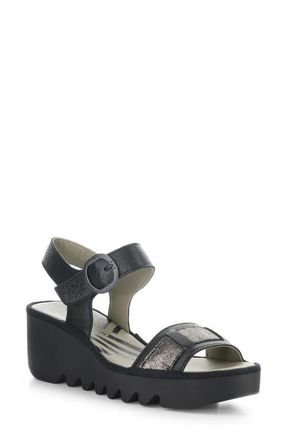 FLY London Beik Ankle Strap Platform Wedge Sandal in 001 Black/Graph at Nordstrom, Size 10-10.5Us