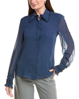 Lafayette 148 New York Pleated Collar Balloon Sleeve Silk Blouse