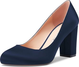 Castamere Women Chunky Block High Heel Round Toe Slip-on Pumps Court Shoe Wedding Party Dress 8 CM Heels Shoes Navy Blue Satin 5 UK