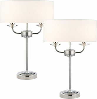 Loops 2 PACK Twin Light Table Lamp Bright Nickel & White Shade Crystal Trim Bedside in Metallics