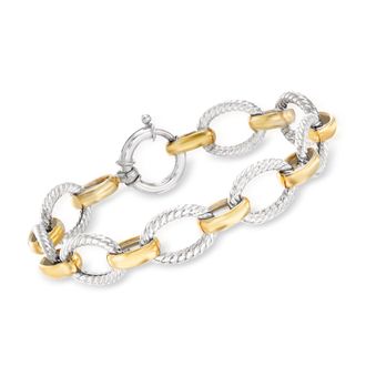Ross-Simons Sterling Silver and 18kt Gold Over Sterling Twisted Oval-Link Bracelet