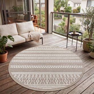Paco Home Paco Home - Alfombra Exterior Interior Balc&oacute;n Terraza Cocina Motivo Boho &Eacute;tnico Moderno Beige, &Oslash; 120 Cm Redon