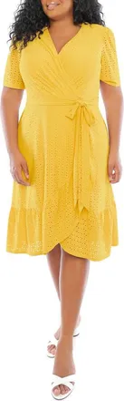 London Times Embroidered Ruffle Wrap Dress in Yellow at Nordstrom Rack, Size 16W