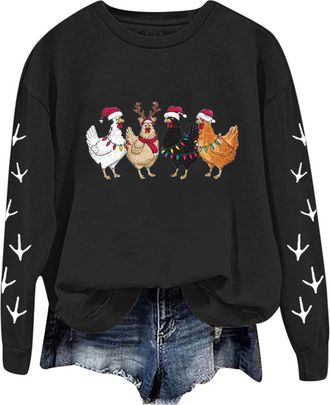 Generic Christmas Chicken Jumper WomenS Christmas Sweatshirts Funny Christmas Retro Print Crew Neck Sweatshirt Casual Long Sleeve Pullover Oversized Dressy Tr