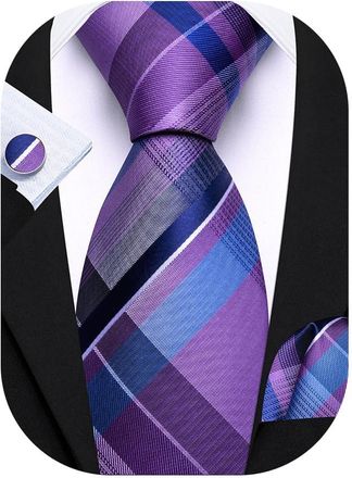 Barry.Wang Mens Purple Blue Tie Silk Tartan Necktie Plaid Pocket Square Cuff Links Sets Wedding Business