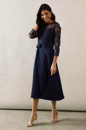 Wallis Womens Satin And Mesh Overlay Fit And Flare Dress - Navy - Size 16 UK