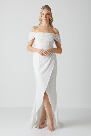 Coast Draped Bardot Cap Sleeve Wrap Skirt Wedding Dress