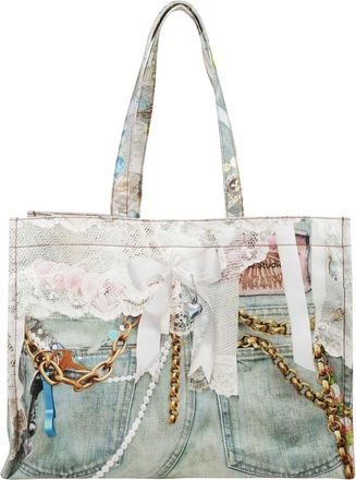 Acne Studios Tassen, Dames, Veelkleurig, ONE Size, Denim, Schoudertas met Denim Effect en Trompe loeil Print