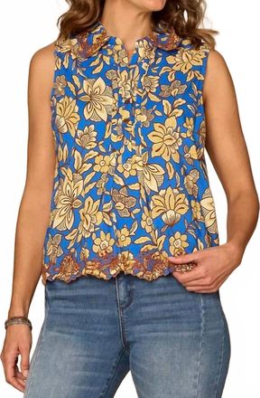 Democracy Sleeveless Half Placket Printed Embroidered Woven Top In Cobalt Blue Floral Multi
