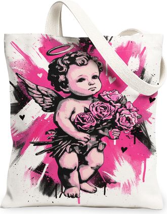 Generic Cherub Floral Canvas Tote Bags, Vintage Rose Pattern Reusable Grocery Bags, Spring Artistic Lightweight Washable Shoulder S, Peach, 13x15 Inch