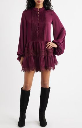 Bardot Antonia Lace Trim Long Sleeve Satin Minidress in Mulberry at Nordstrom, Size 10