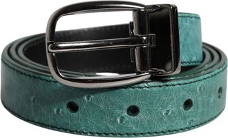 Dolce & Gabbana Groene Struisvogelleren Riem met Zilveren Metalen Gesp