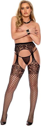 Elegant Moments Diamond Net and Lace Suspender Pantyhose - Black - Os