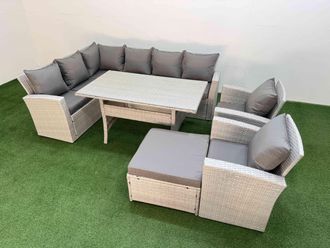 Fimous 9 Seater Rattan Garden Furniture Set Table 2 Chairs Big Footstool in Light Grey