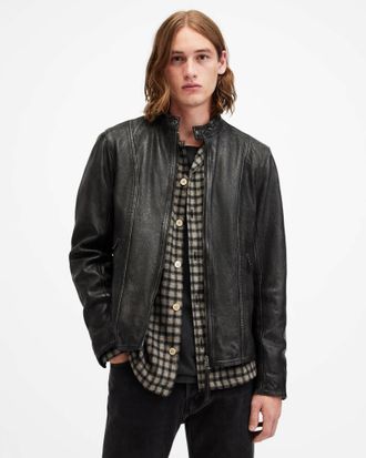 AllSaints Mens Lamb Leather Murphy Tab Collar Leather Jacket, Size: XS