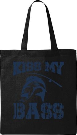 Generic Kiss My Bass Fishing Graphic Natural Ecological Cotton Tote Bag Black