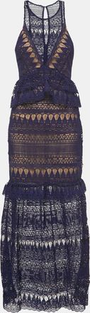 Self Portrait Navy Blue Teardrop Guipure Lace Paneled Maxi Dress